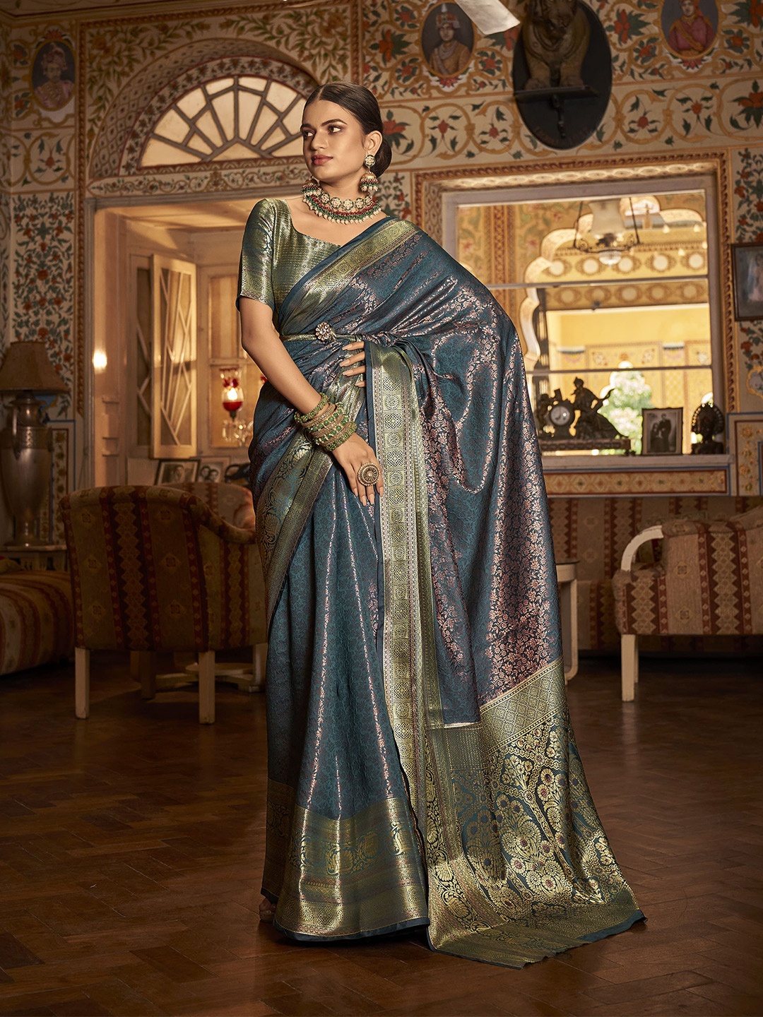 

elora Ethnic Motifs Zari Kanjeevaram Saree, Teal