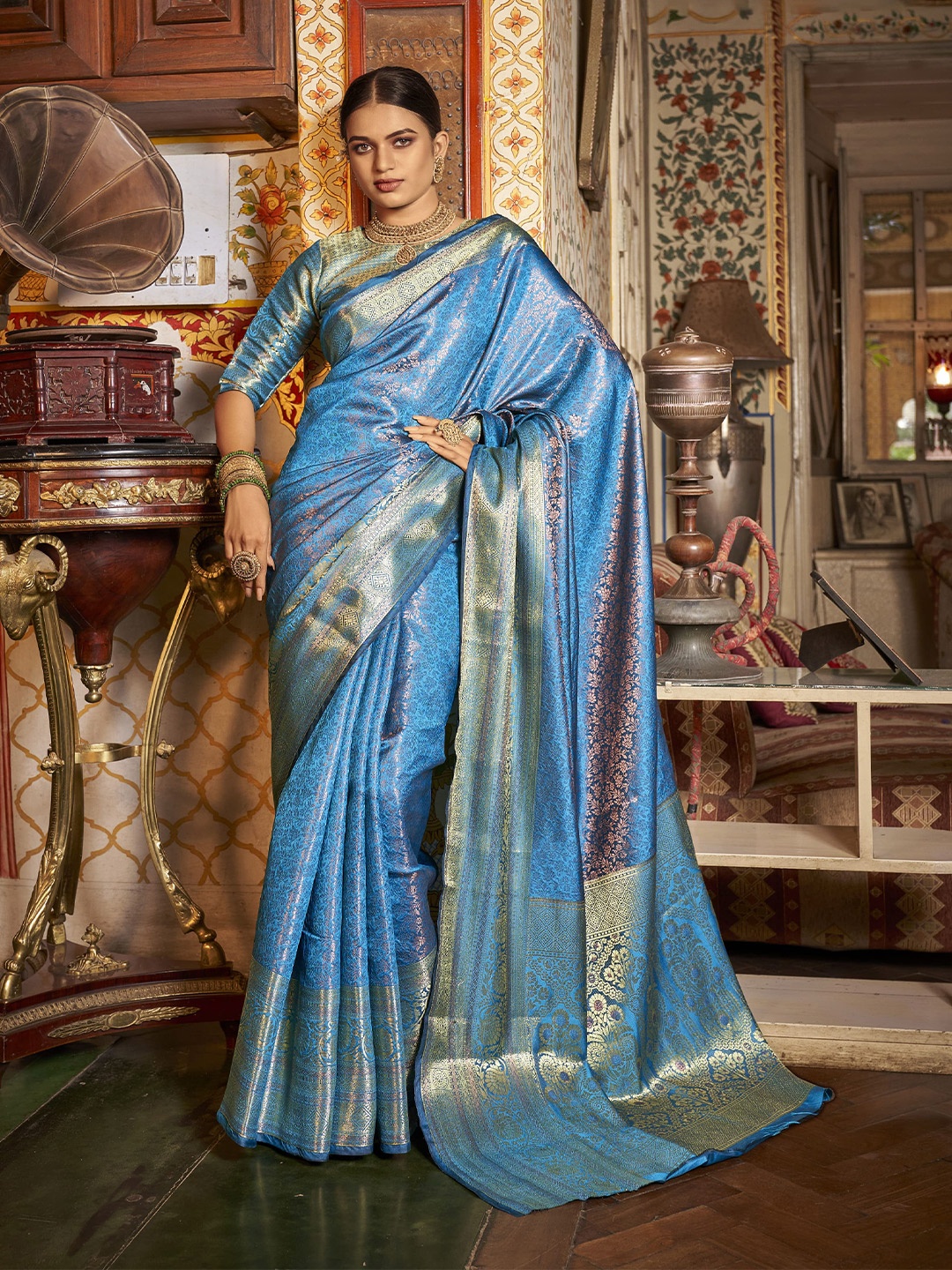 

elora Ethnic Motifs Zari Kanjeevaram Saree, Blue