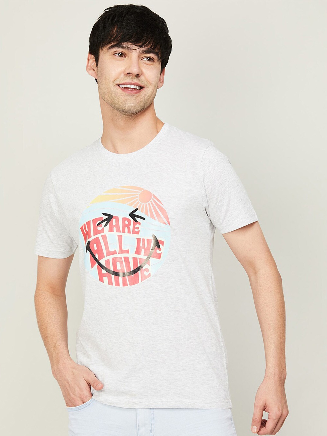 

SmileyWorld Men Typography Printed Cotton T-shirt, Grey