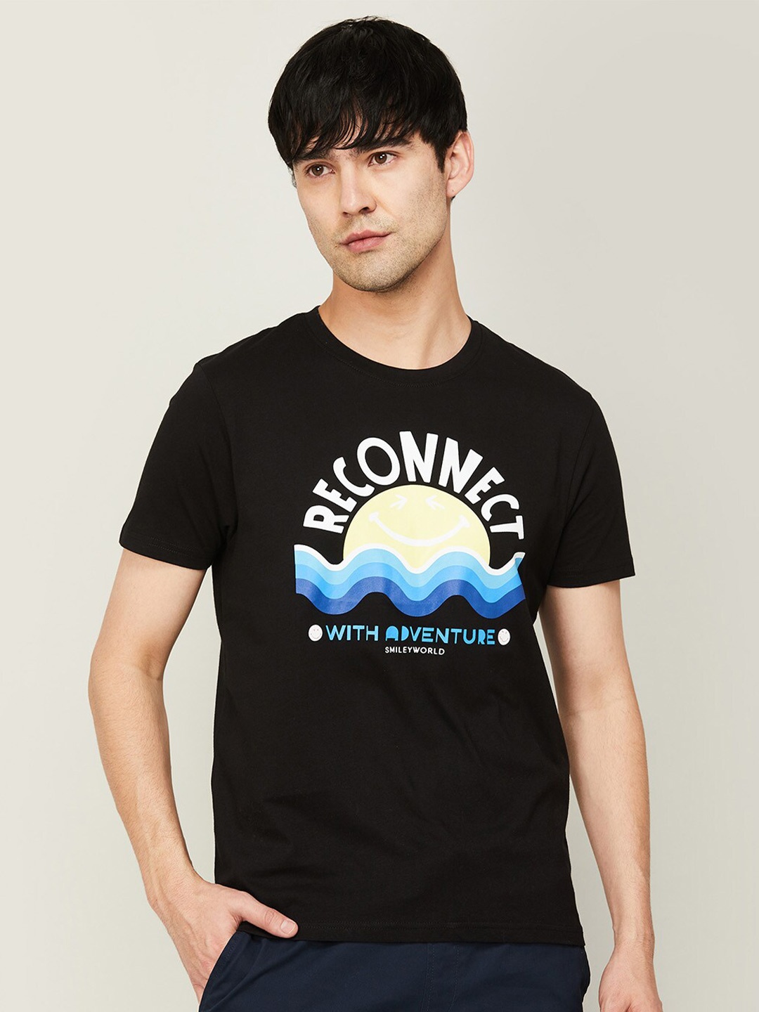 

SmileyWorld Men Typography Printed Cotton T-shirt, Black