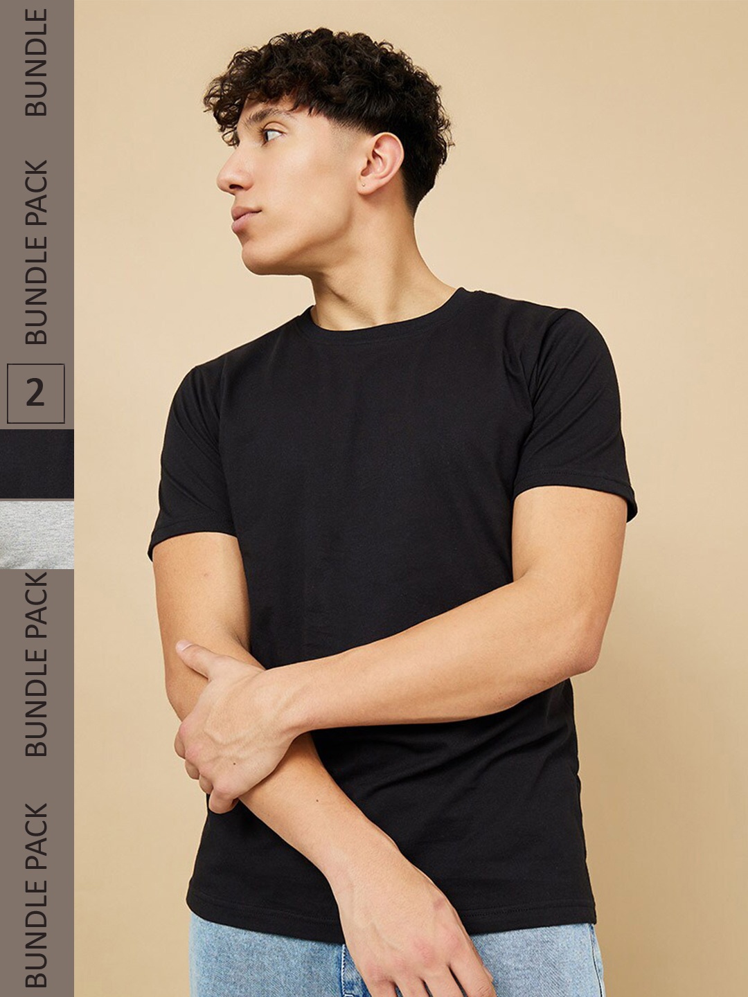 

Styli Men Pack of 2 Round Neck Pure Cotton Regular Fit T-Shirts, Black