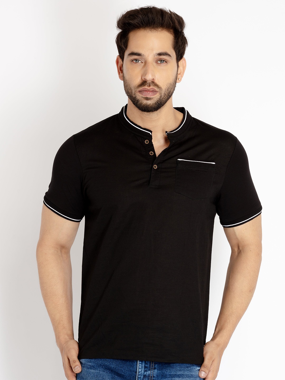 

Status Quo Men Henley Neck Cotton T-shirt, Black