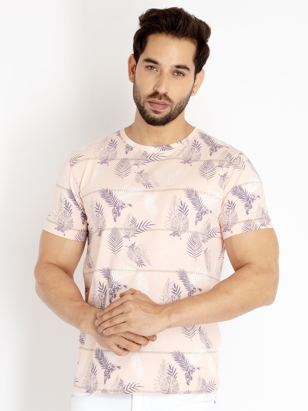 

Status Quo Men Floral Printed Cotton T-shirt, Peach