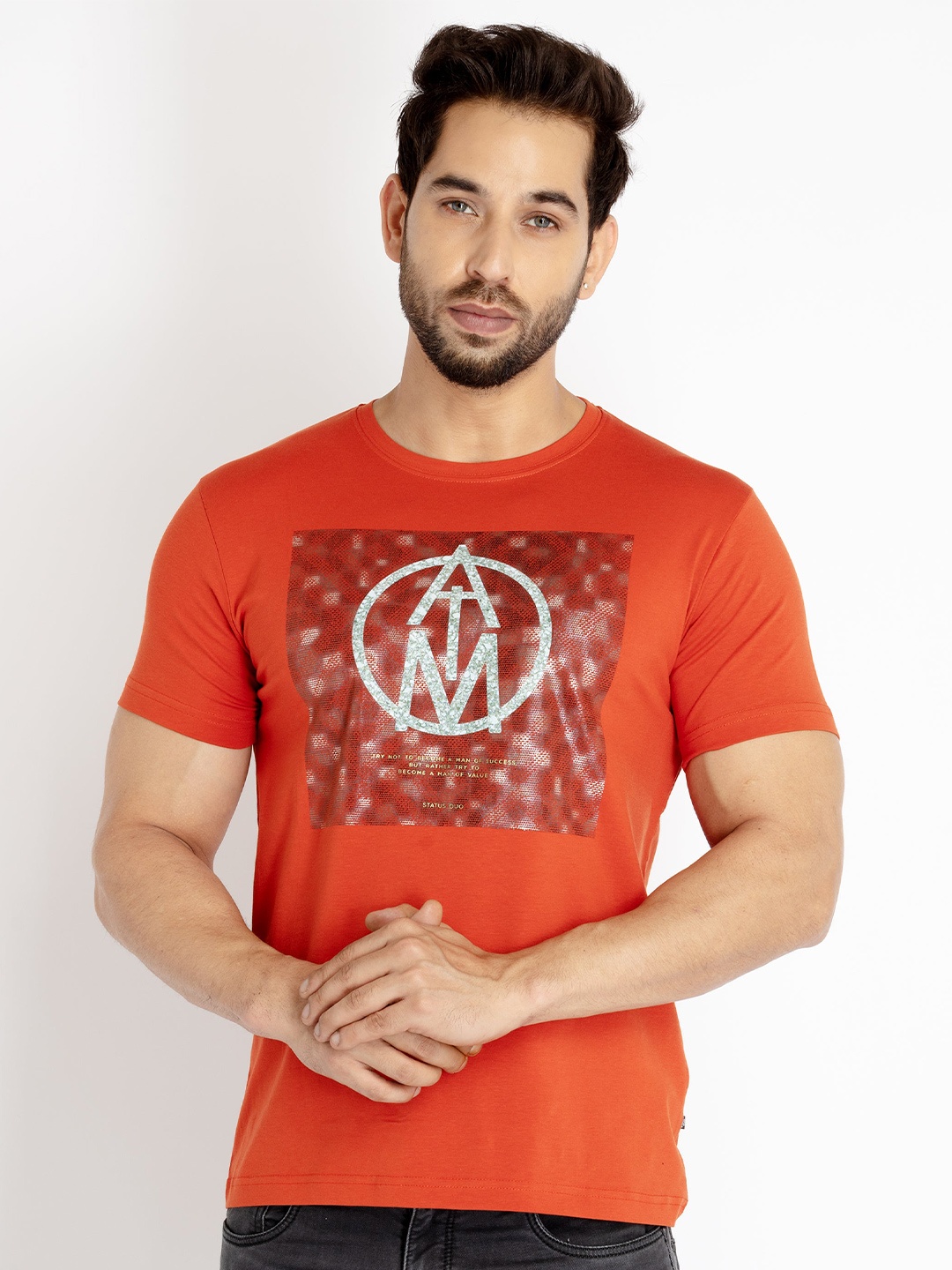 

Status Quo Men Typography Printed Cotton T-shirt, Coral