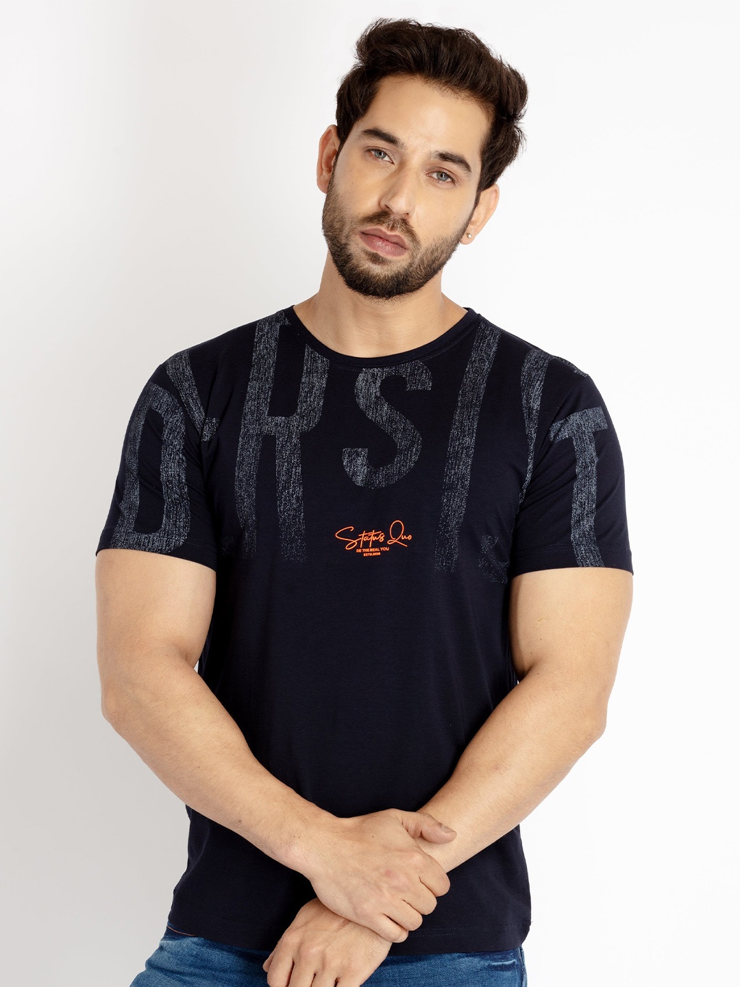 

Status Quo Men Typography Printed Cotton T-shirt, Navy blue