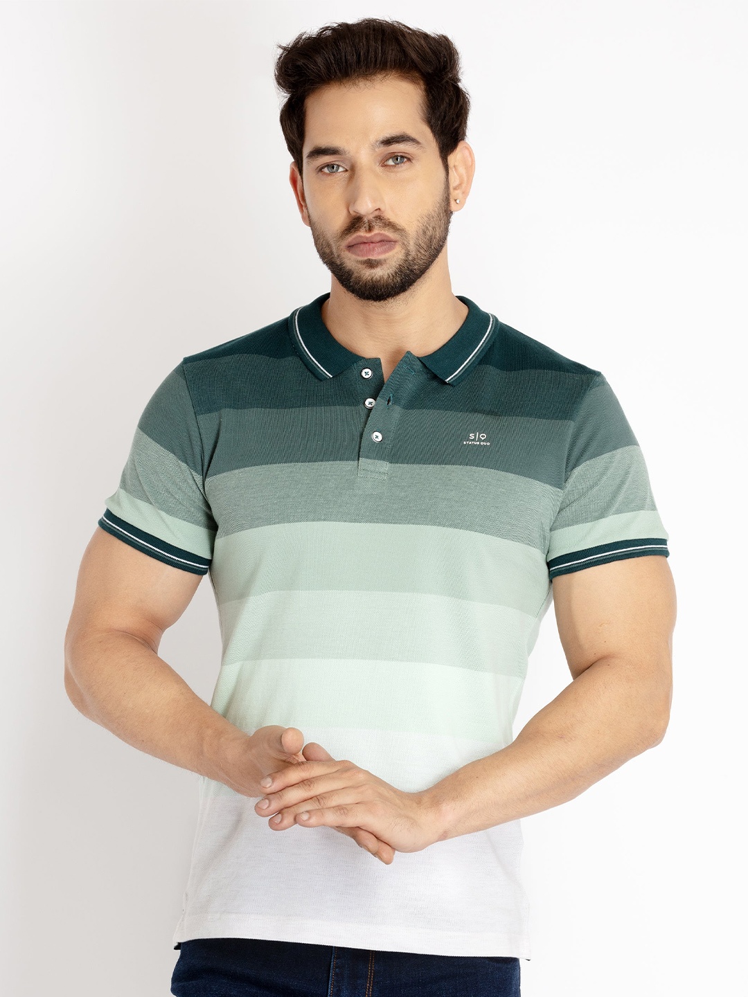 

Status Quo Men Striped Polo Collar Cotton T-shirt, Green