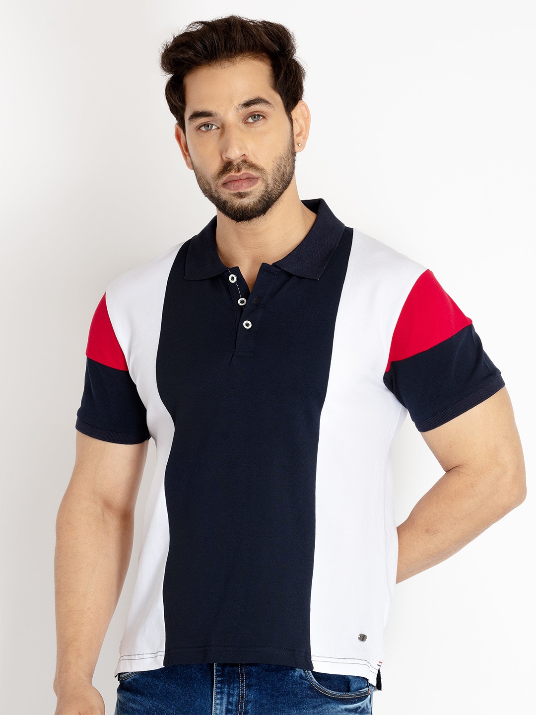 

Status Quo Men Colourblocked Polo Collar Cotton T-shirt, Navy blue