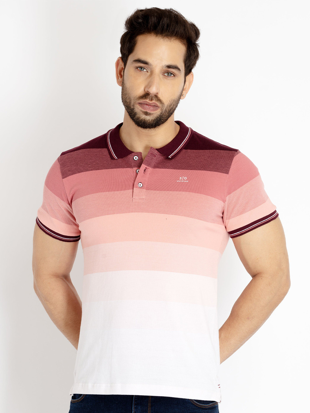 

Status Quo Men Plus Size Striped Polo Collar cotton T-shirt, Maroon