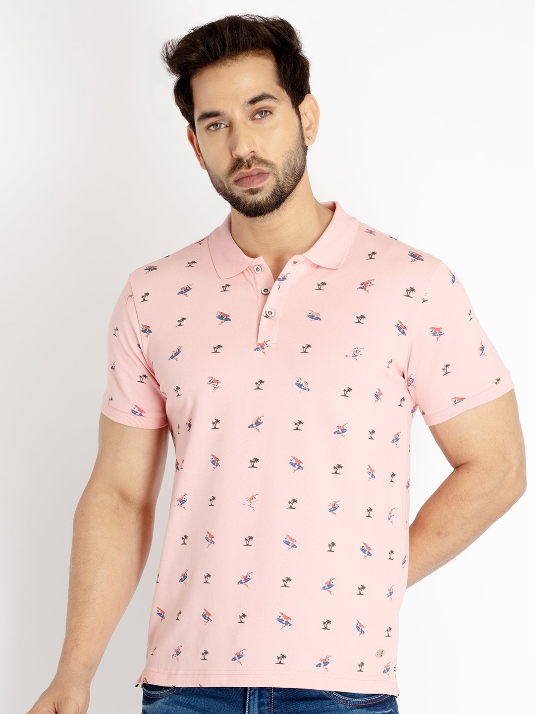 

Status Quo Men Printed Polo Collar Cotton T-shirt, Pink