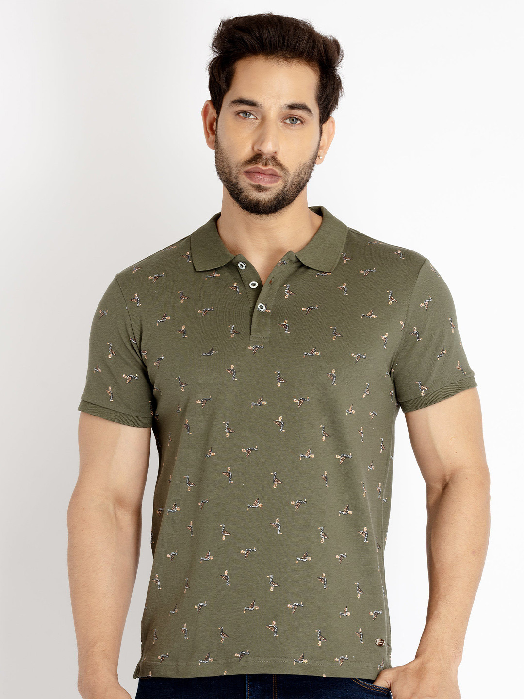 

Status Quo Men Printed Polo Collar Cotton T-shirt, Olive