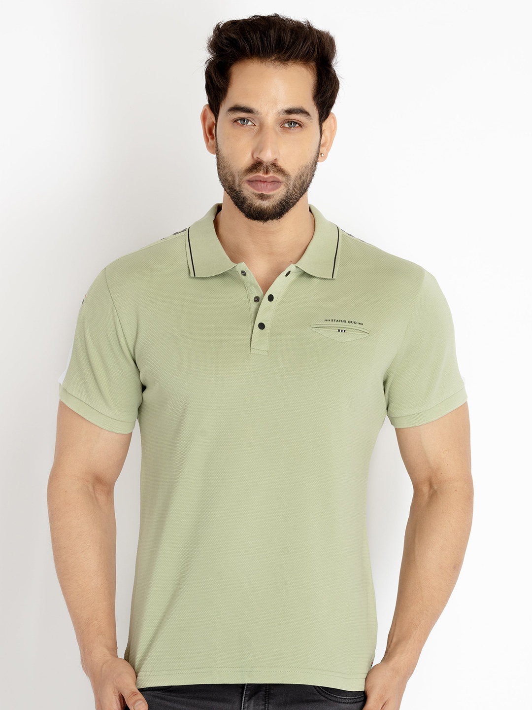 

Status Quo Men Typography Printed Polo Collar Cotton T-shirt, Green