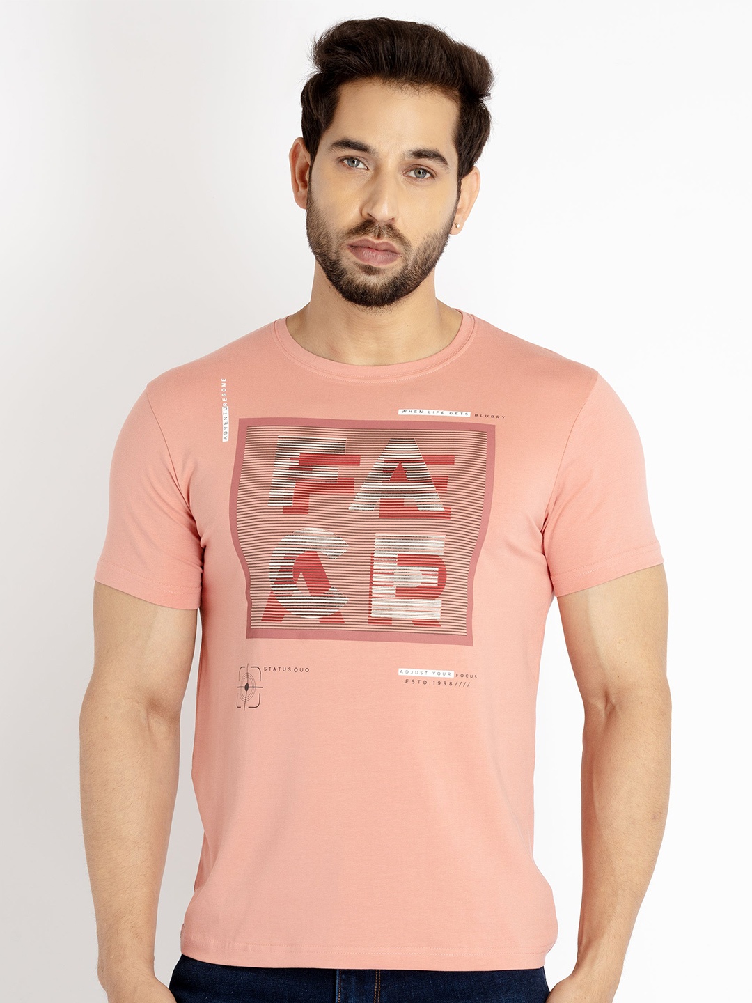 

Status Quo Men Typography Printed Cotton T-shirt, Coral