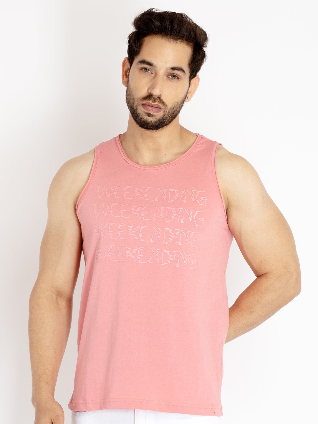 

Status Quo Men Typography Printed Sleeveless Cotton T-shirt, Coral