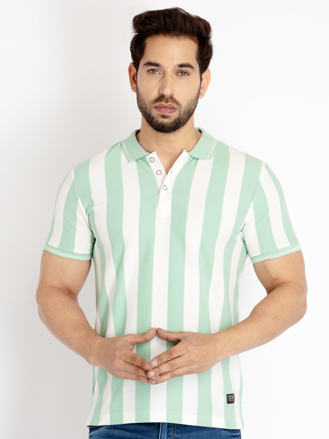 

Status Quo Men Striped Polo Collar Cotton T-shirt, Green