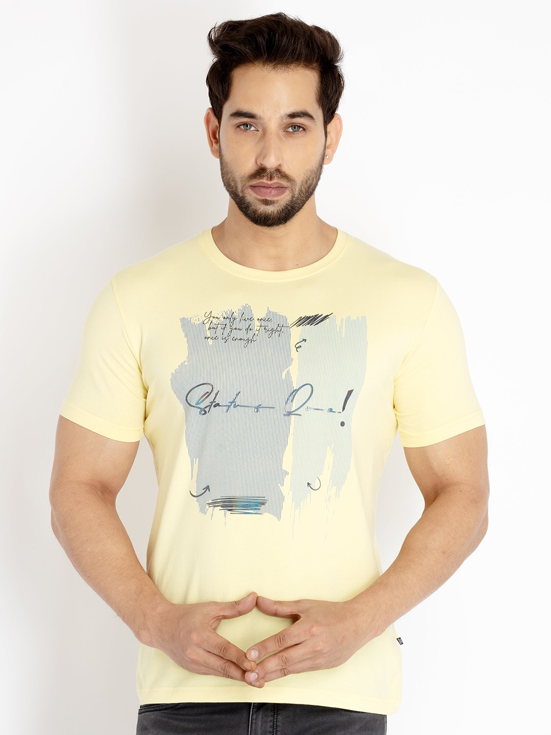

Status Quo Men Typography Printed Cotton T-shirt, Yellow