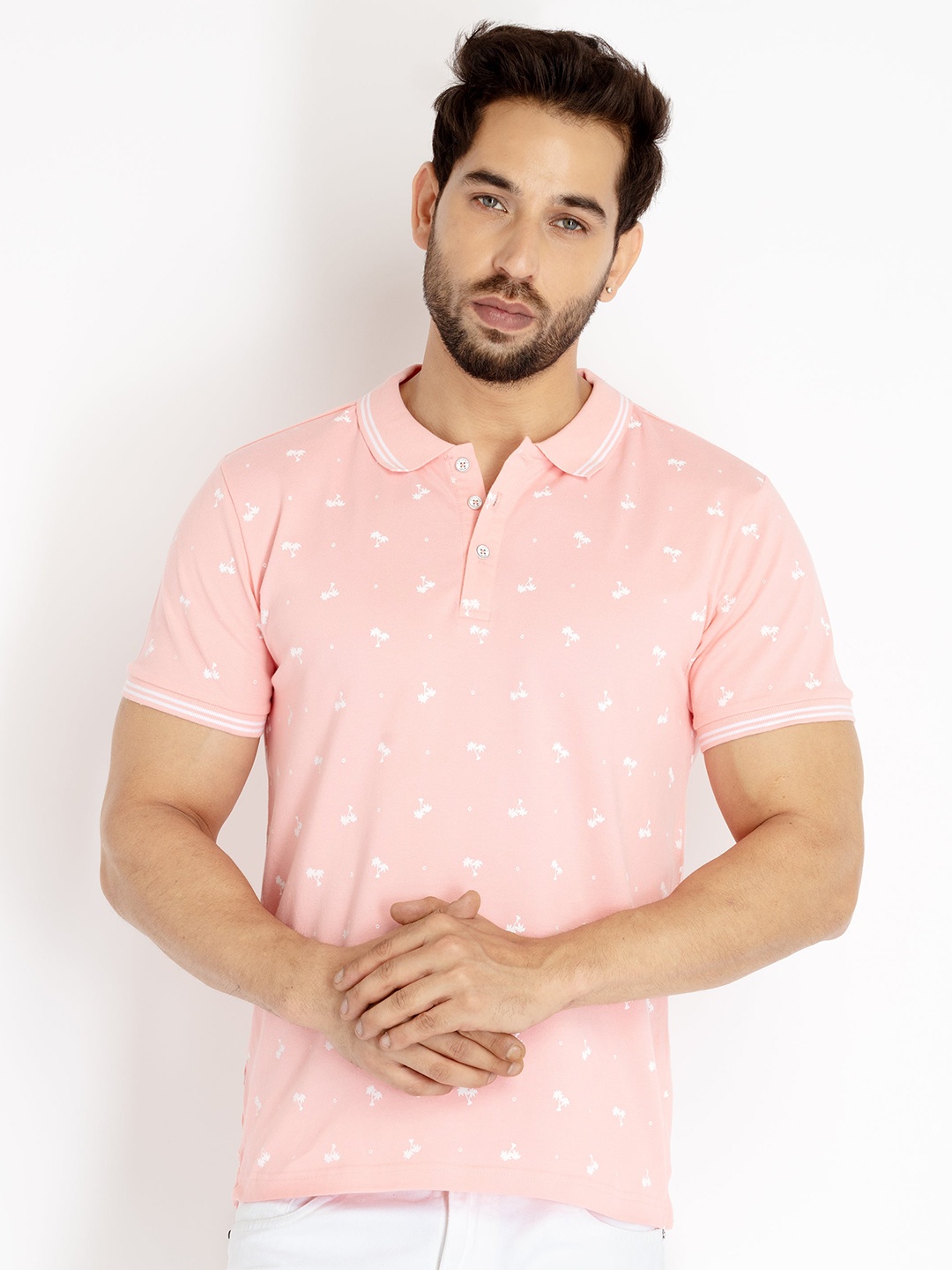 

Status Quo Men Peach-Coloured Printed Polo Collar Tropical T-shirt