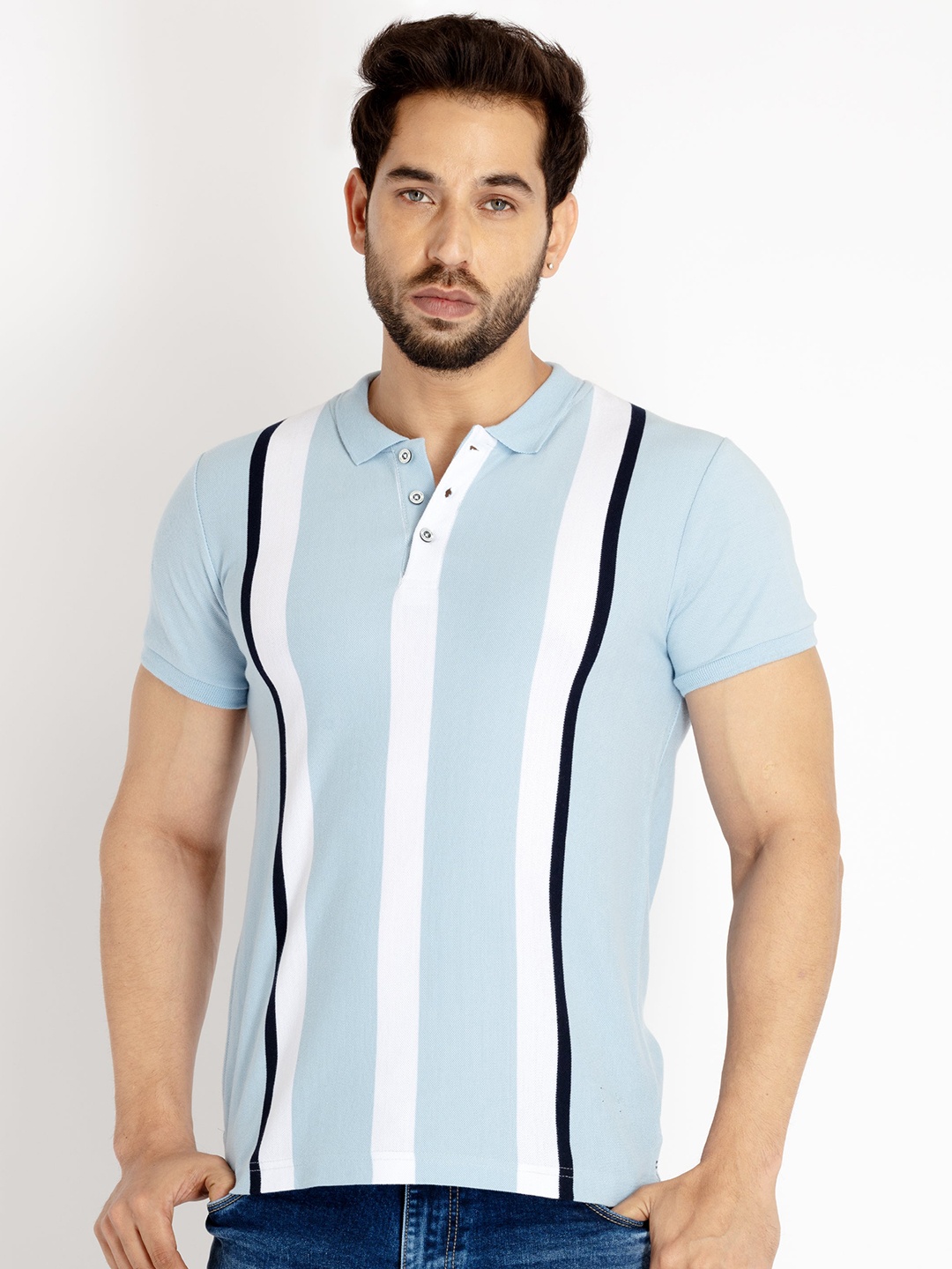 

Status Quo Men Striped Polo Collar Cotton T-shirt, Blue