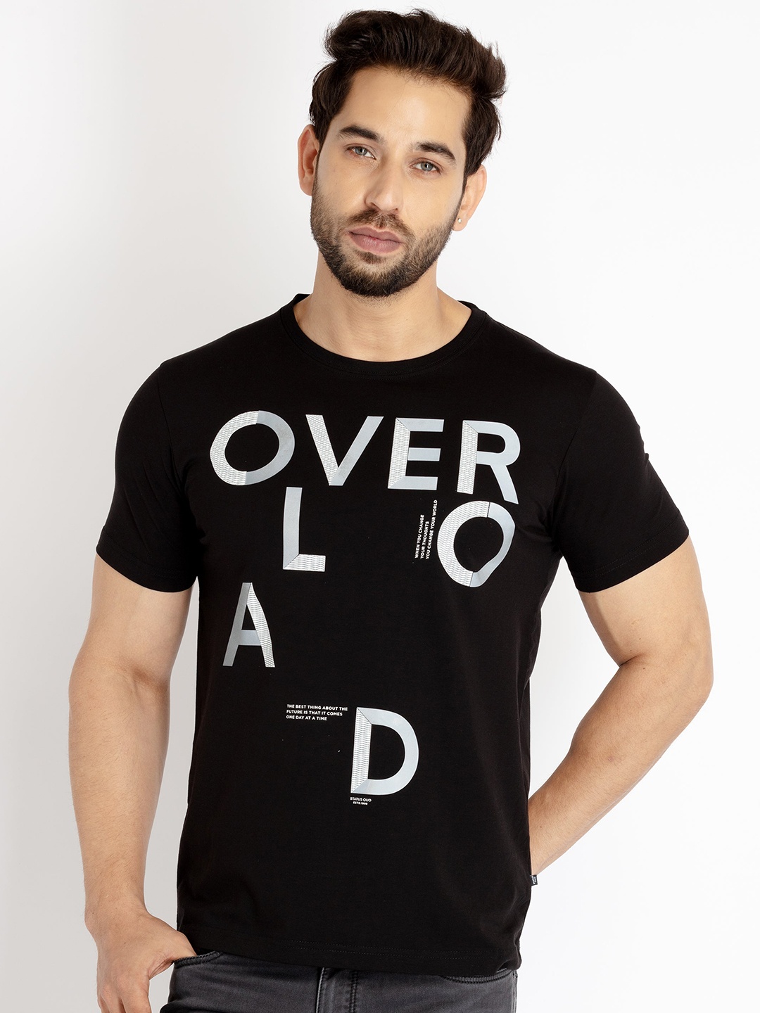 

Status Quo Men Plus Size Typography Printed Cotton T-shirt, Black