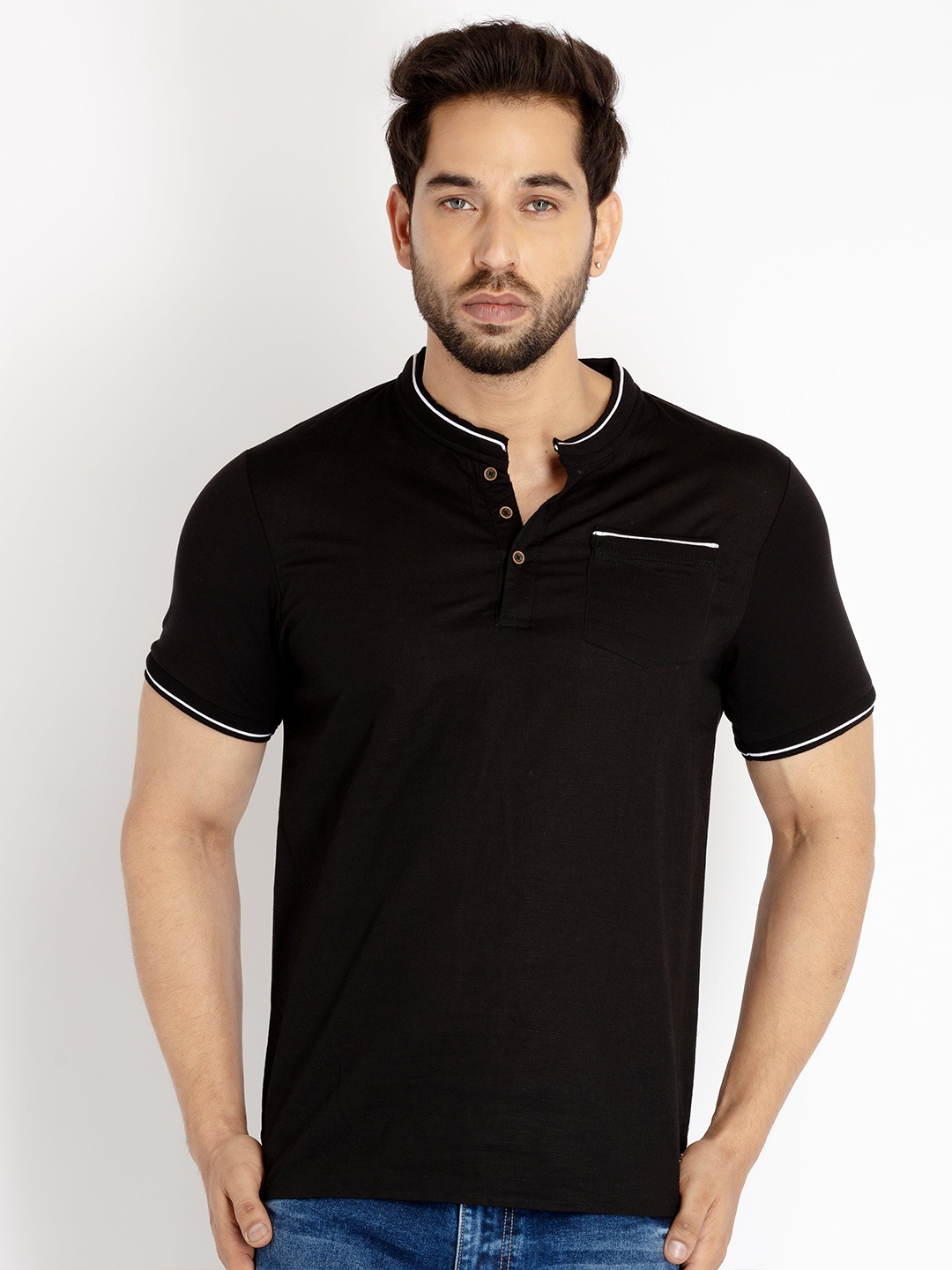 

Status Quo Men Henley Neck Short Sleeve Cotton T-shirt, Black