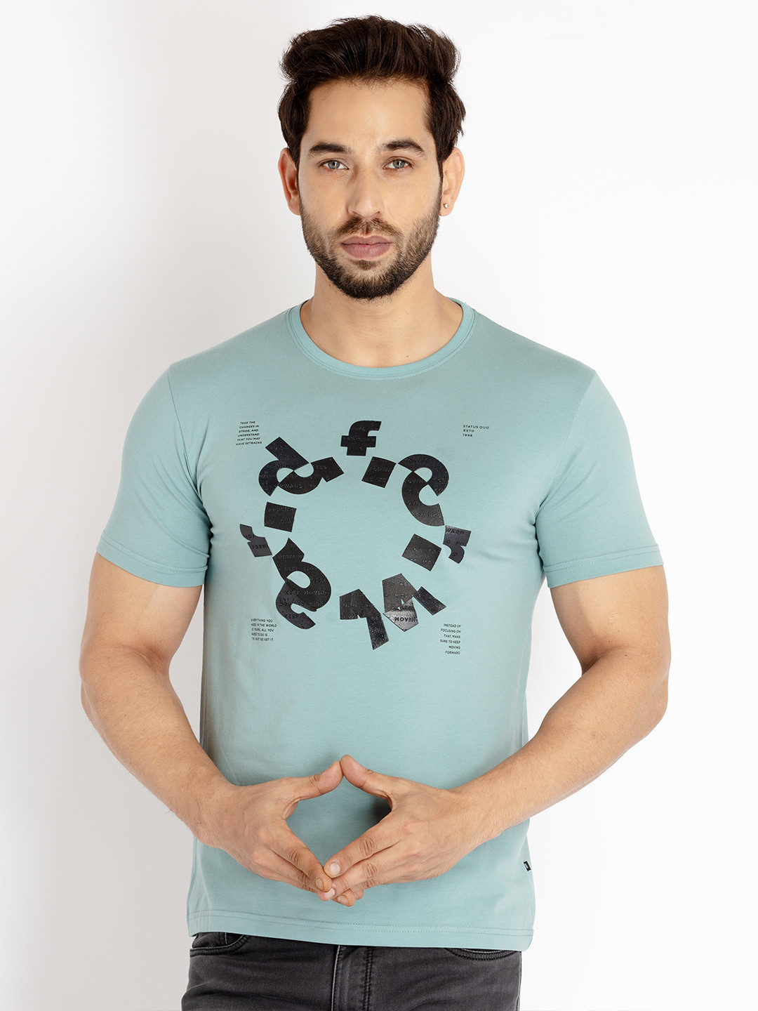 

Status Quo Men Plus Size Typography Printed Cotton Slim Fit T-shirt, Grey