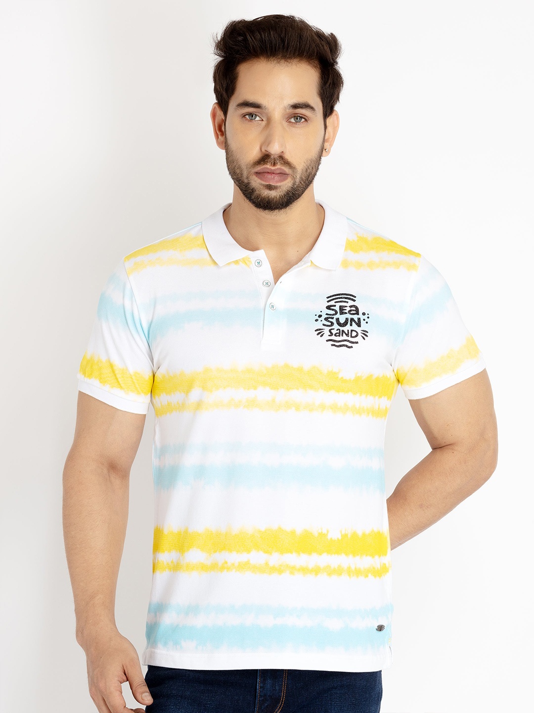 

Status Quo Men Tie and Dye Polo Collar Cotton T-shirt, White
