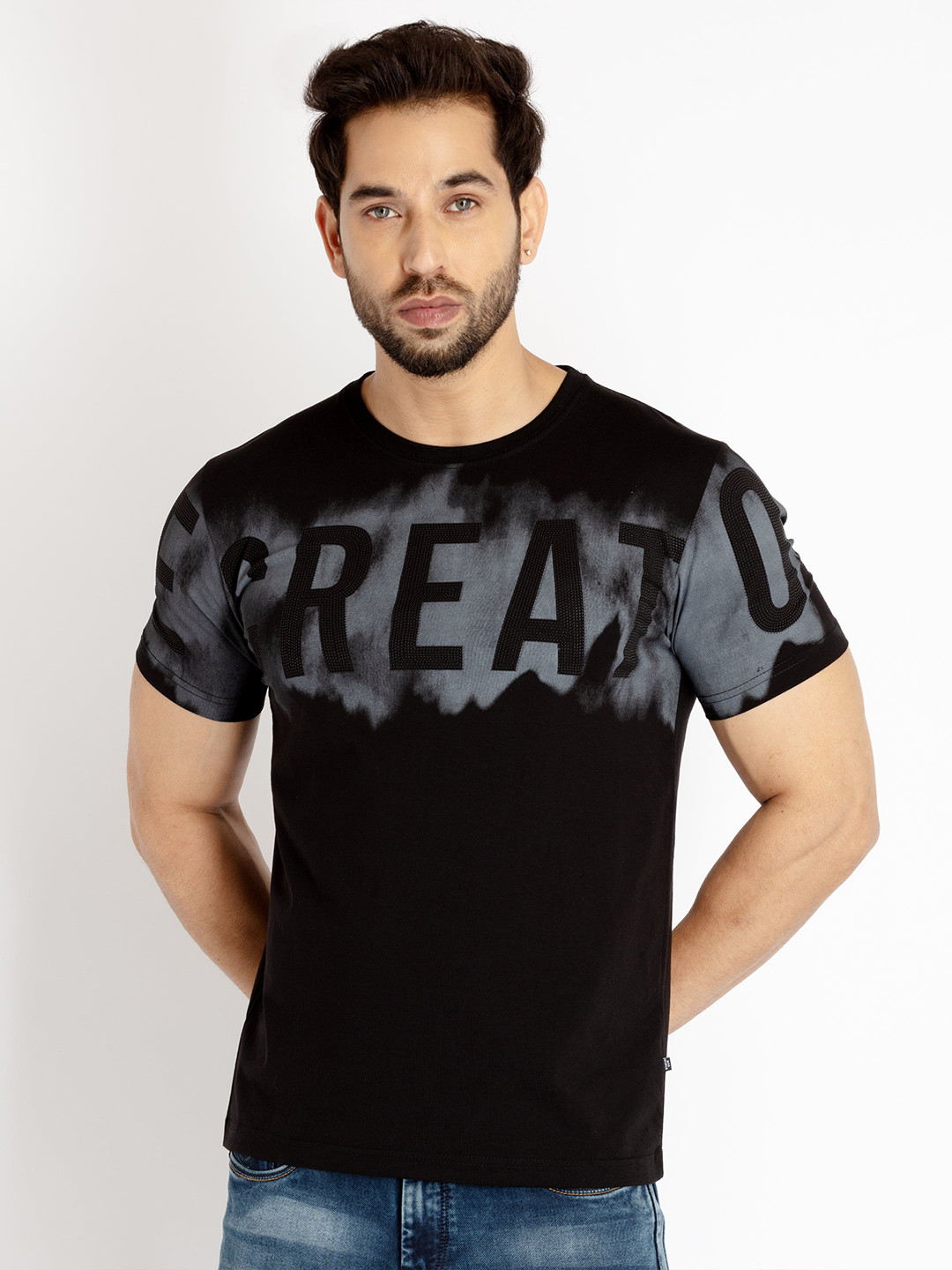 

Status Quo Men Plus Size Typography Printed Cotton T-shirt, Black