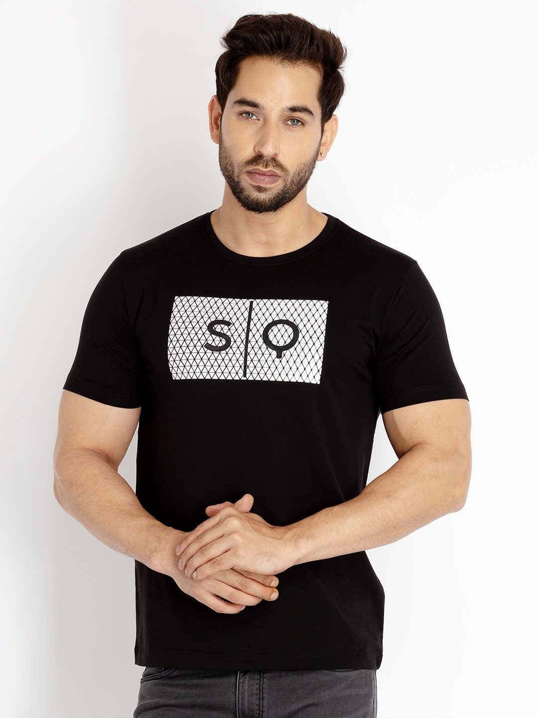 

Status Quo Men Brand Logo Printed Cotton T-shirt, Black