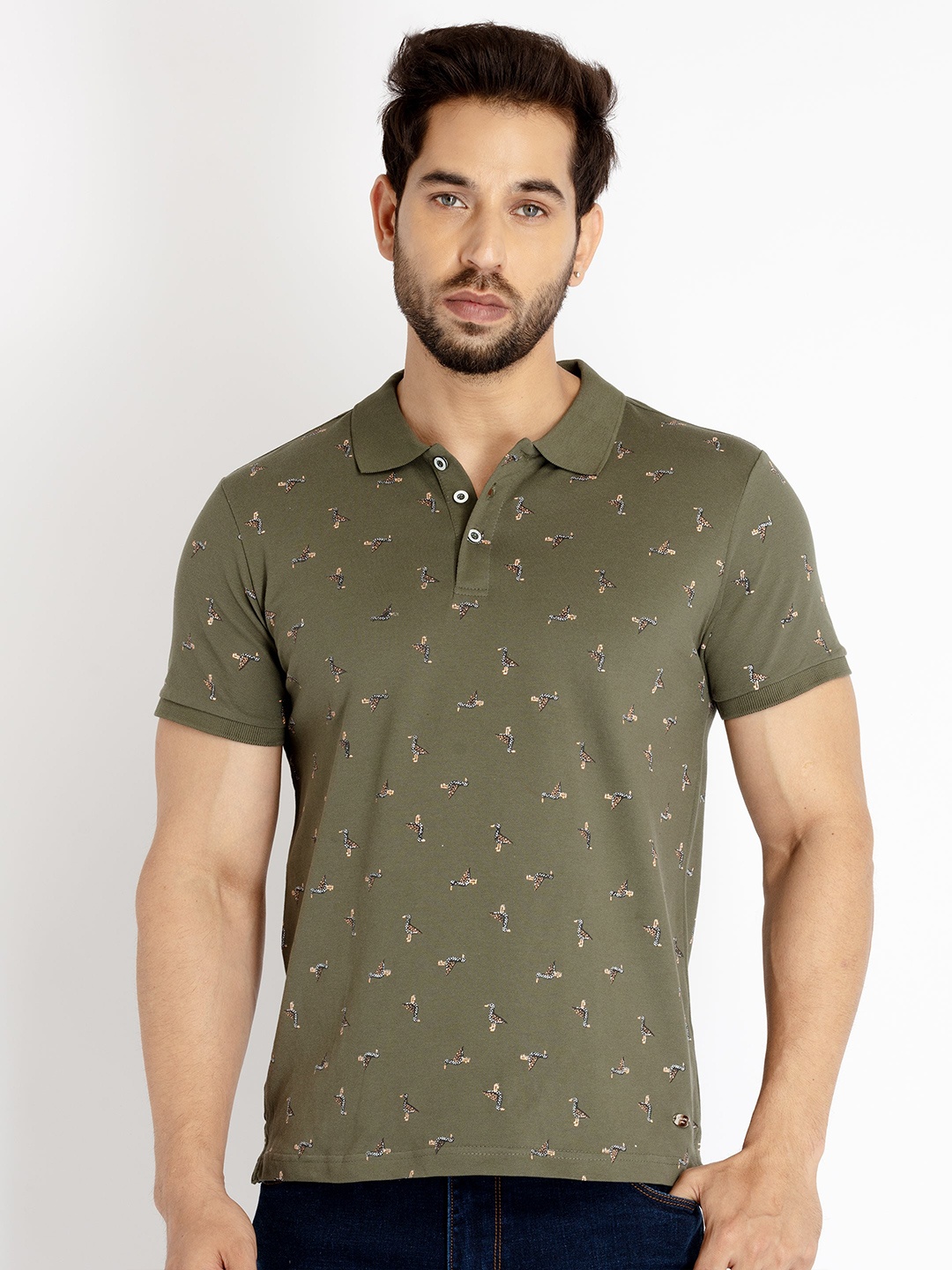 

Status Quo Men Printed Polo Collar Cotton T-shirt, Olive