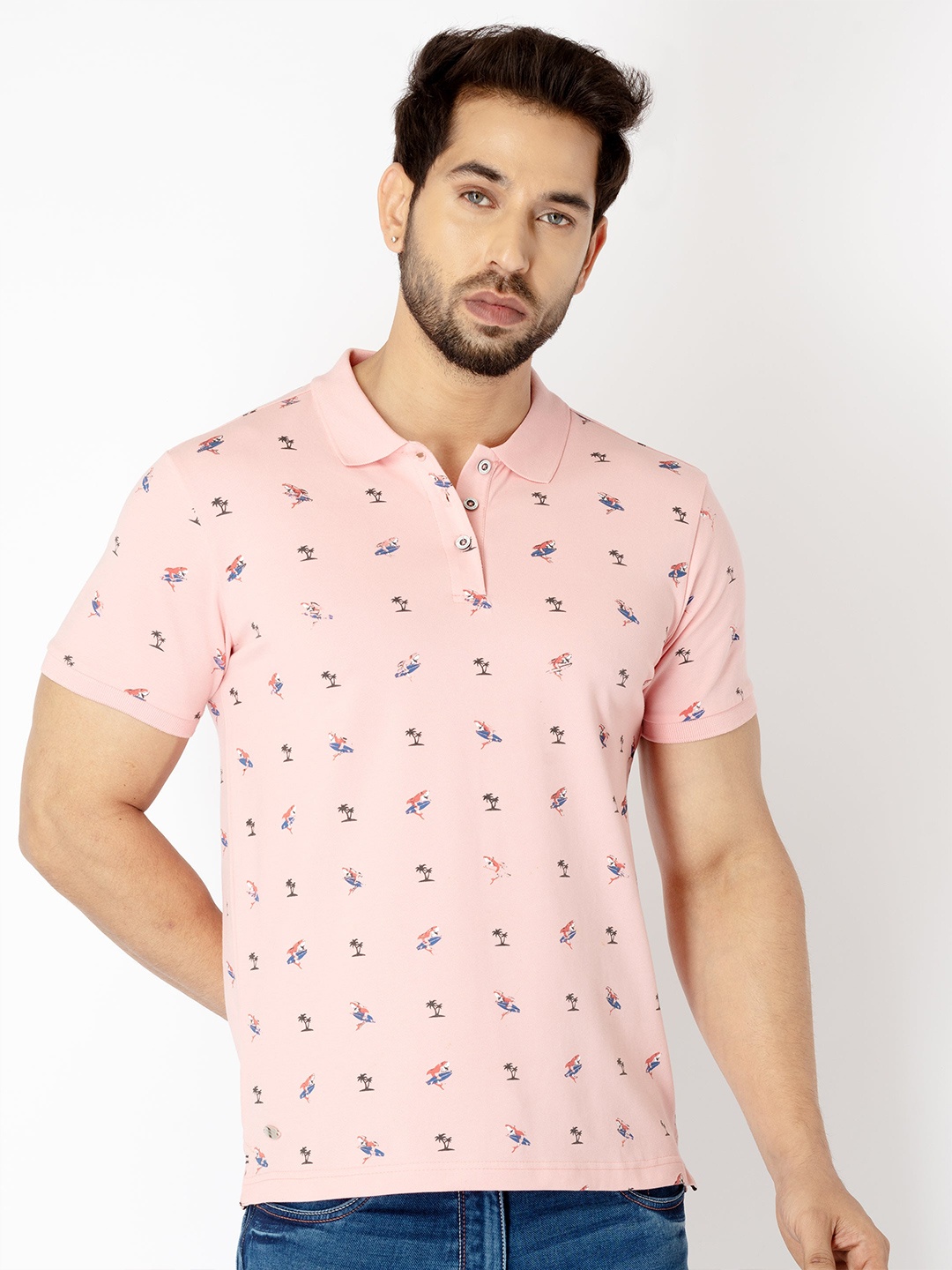 

Status Quo Men Printed Polo Collar Cotton T-shirt, Pink