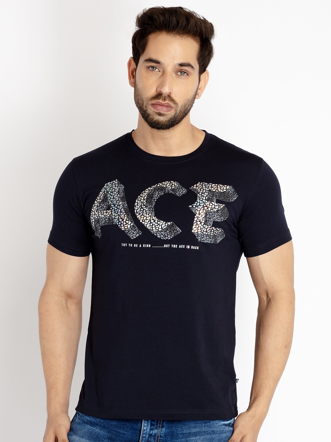 

Status Quo Men Typography Printed Cotton T-shirt, Navy blue
