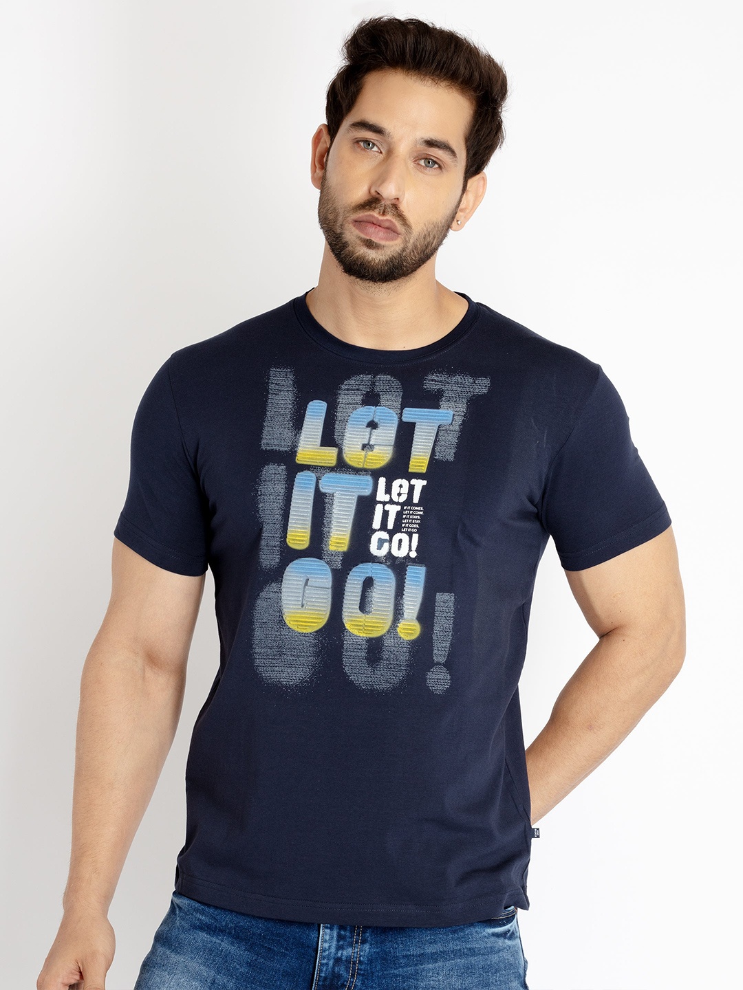 

Status Quo Men Typography Printed Cotton T-shirt, Navy blue