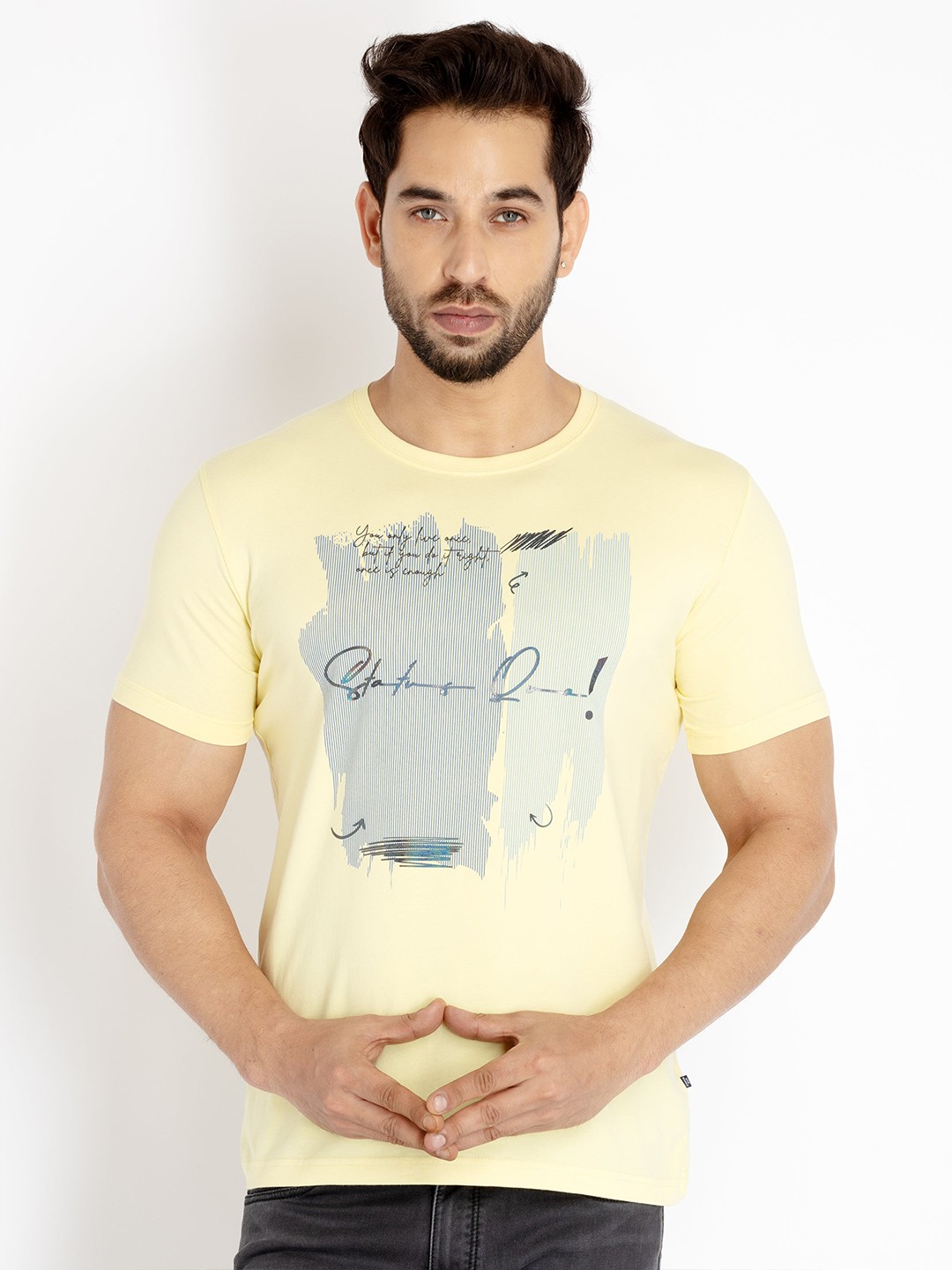 

Status Quo Men Plus Size Typography Printed Cotton T-shirt, Yellow