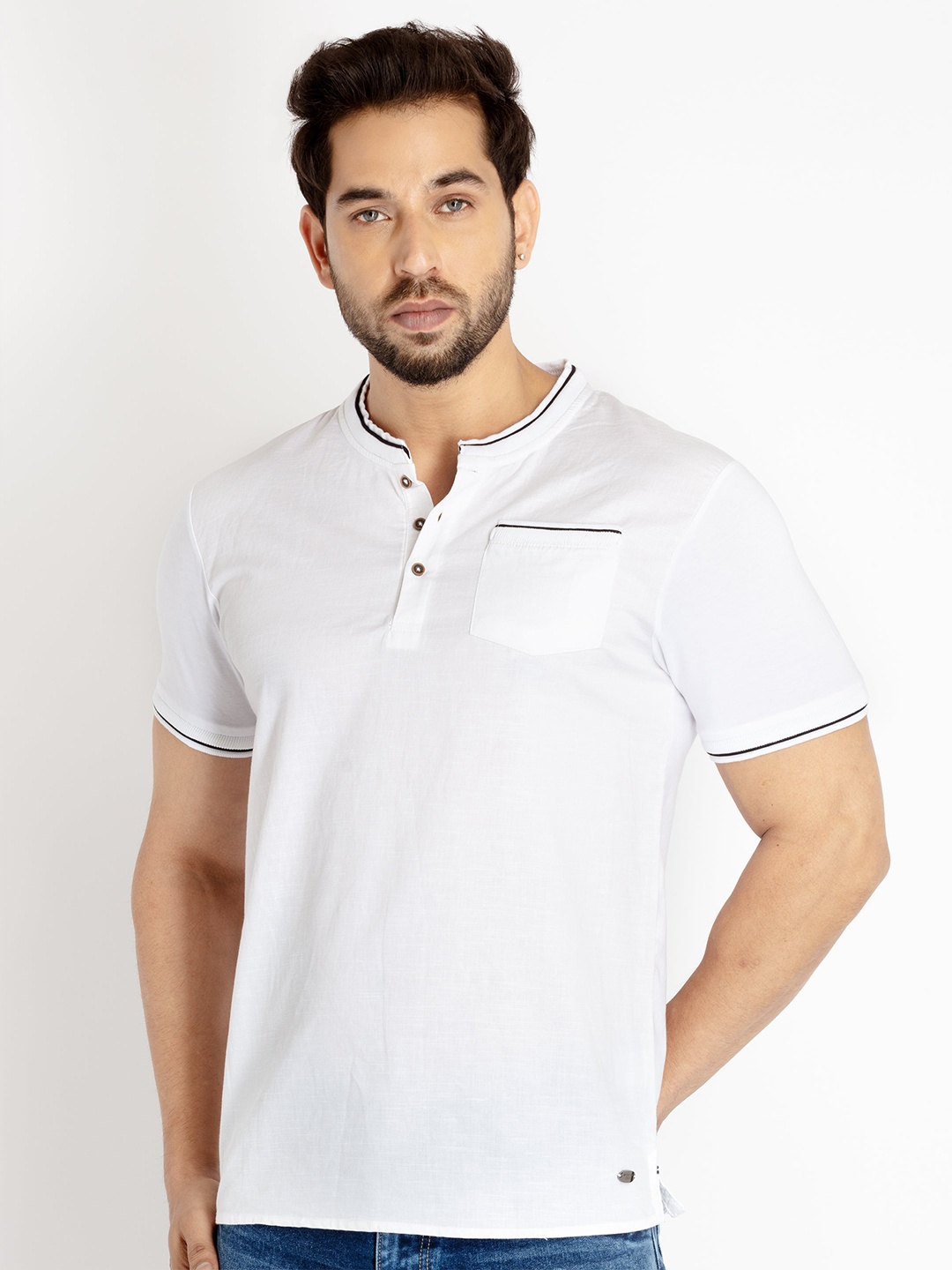 

Status Quo Men Henley Neck Cotton T-shirt, White