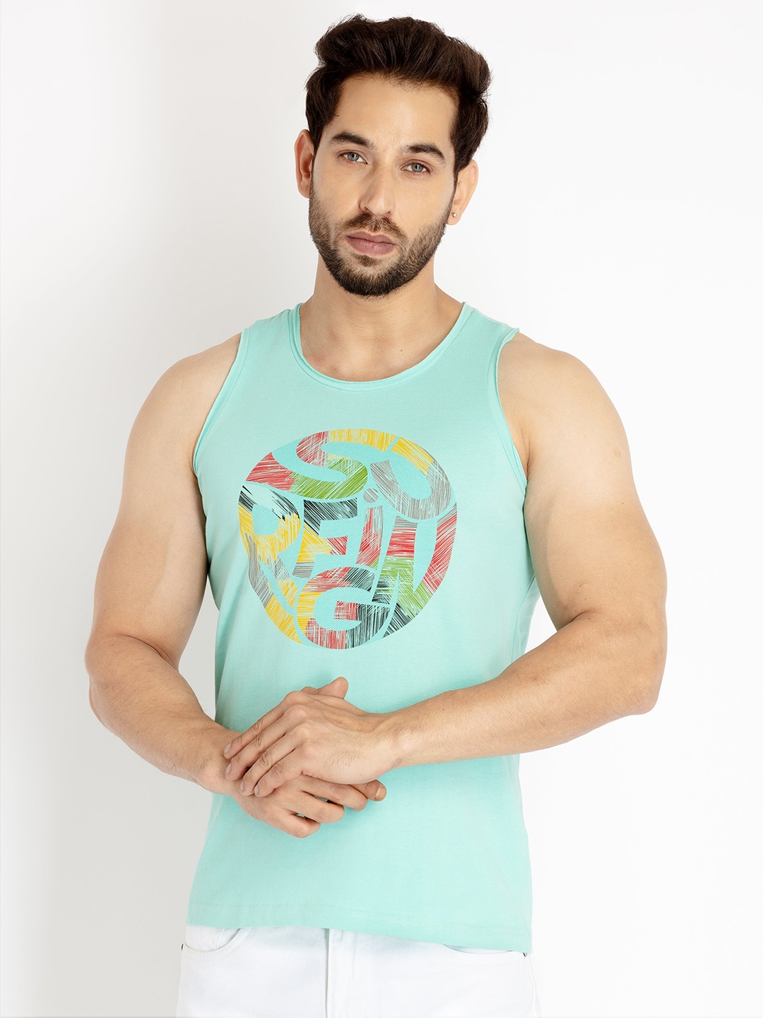 

Status Quo Men Graphic Printed Sleeveless Cotton T-shirt, Sea green