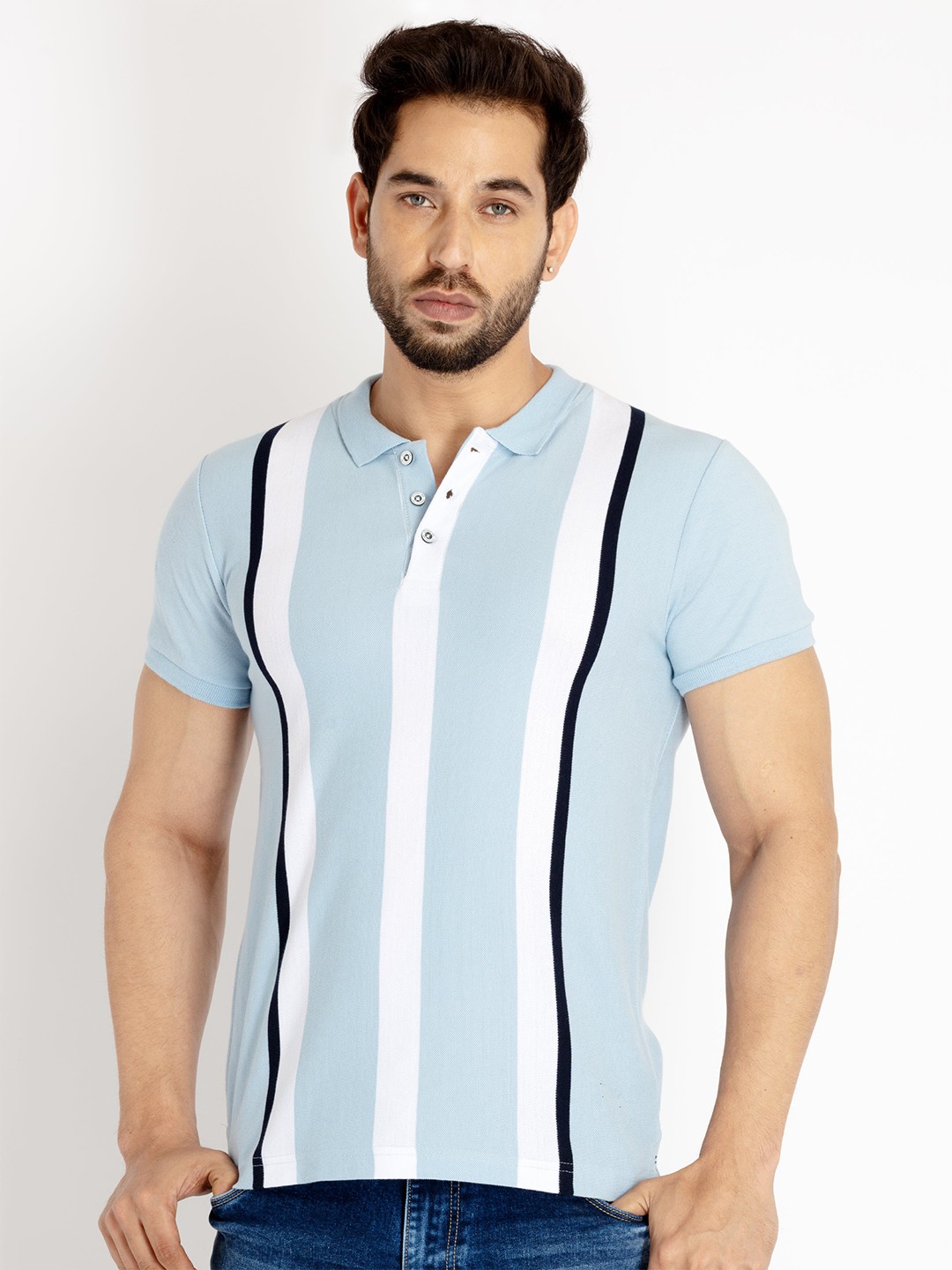 

Status Quo Men Striped Polo Collar Cotton T-shirt, Blue