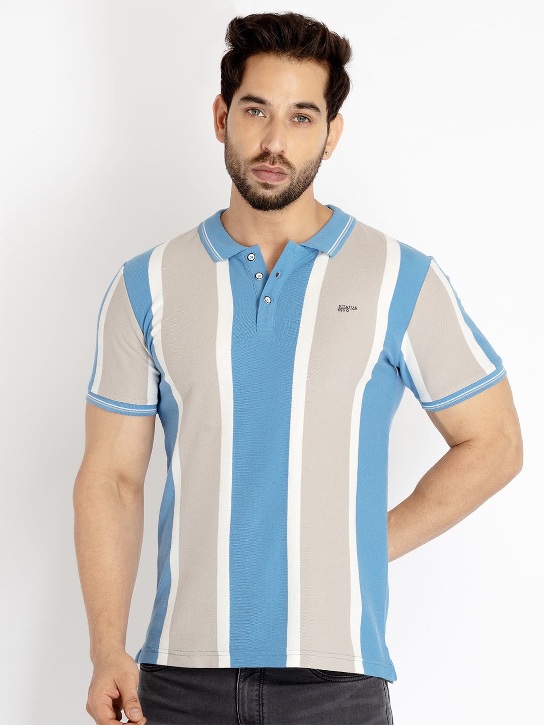 

Status Quo Men Striped Polo Collar Cotton T-shirt, Blue