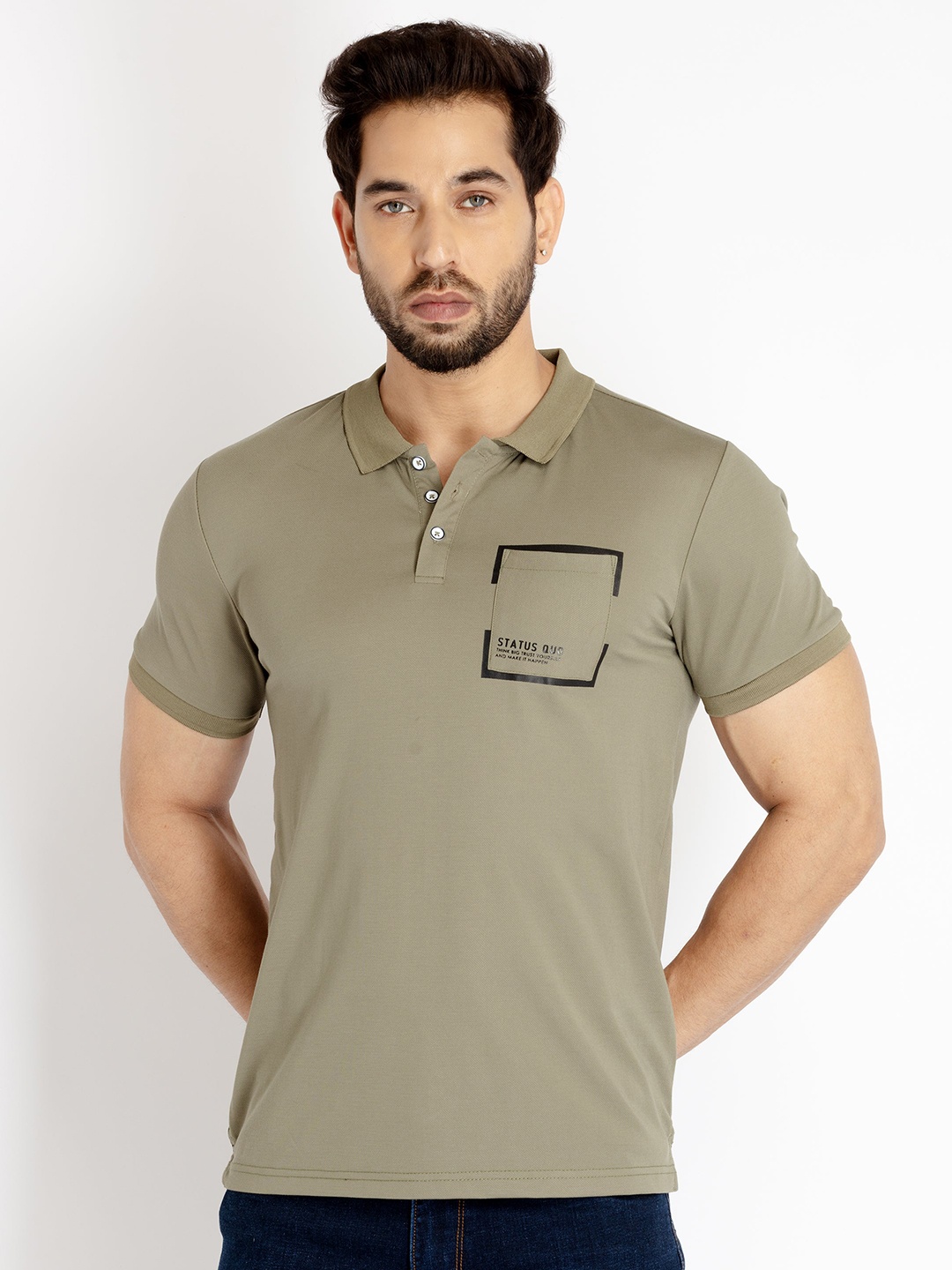 

Status Quo Men Polo Collar Cotton T-shirt, Olive