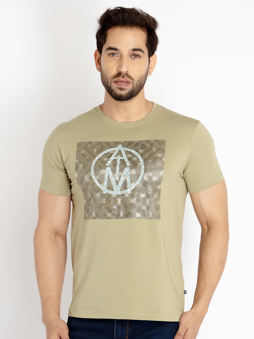 

Status Quo Men Printed Cotton T-shirt, Beige