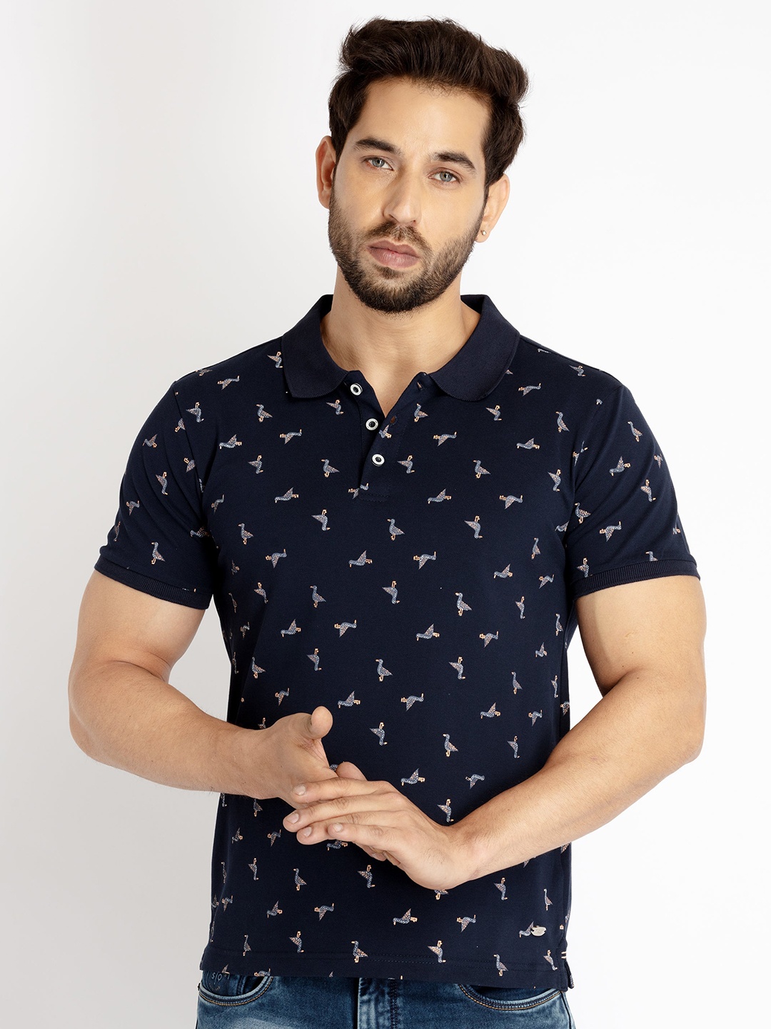 

Status Quo Men Printed Polo Collar Cotton T-shirt, Navy blue