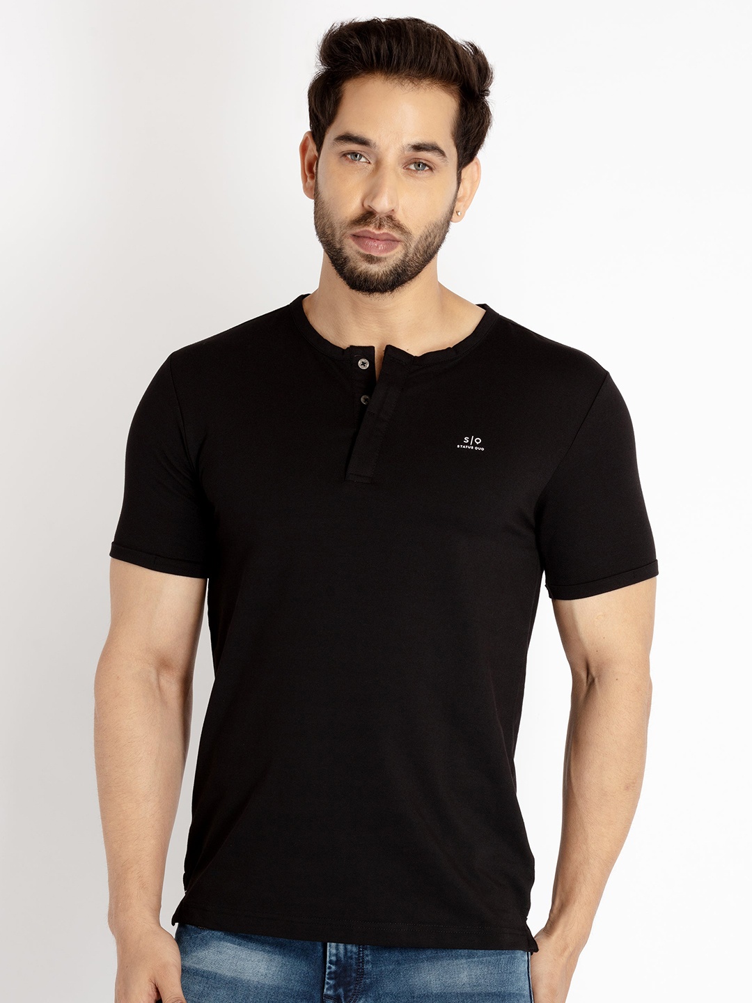 

Status Quo Men Henley Neck Cotton T-shirt, Black