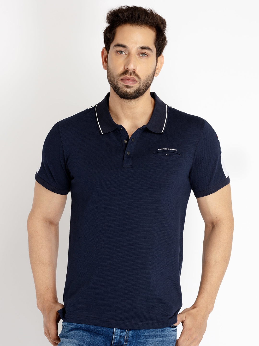 

Status Quo Men Navy Blue Polo Collar T-shirt