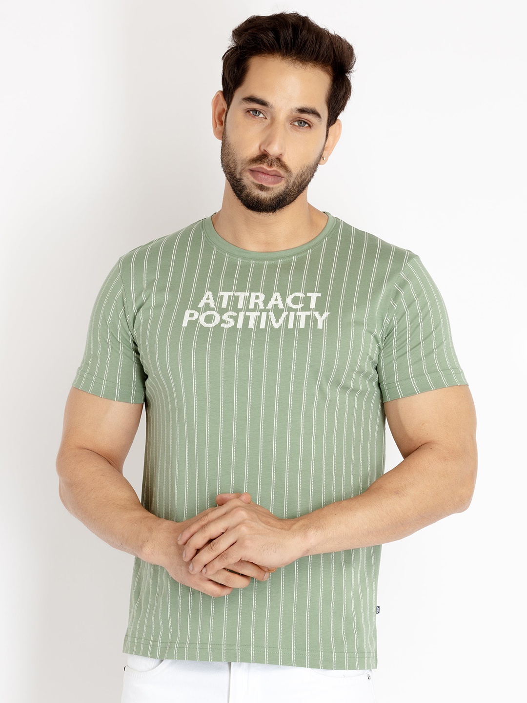 

Status Quo Men Striped Cotton T-shirt, Green