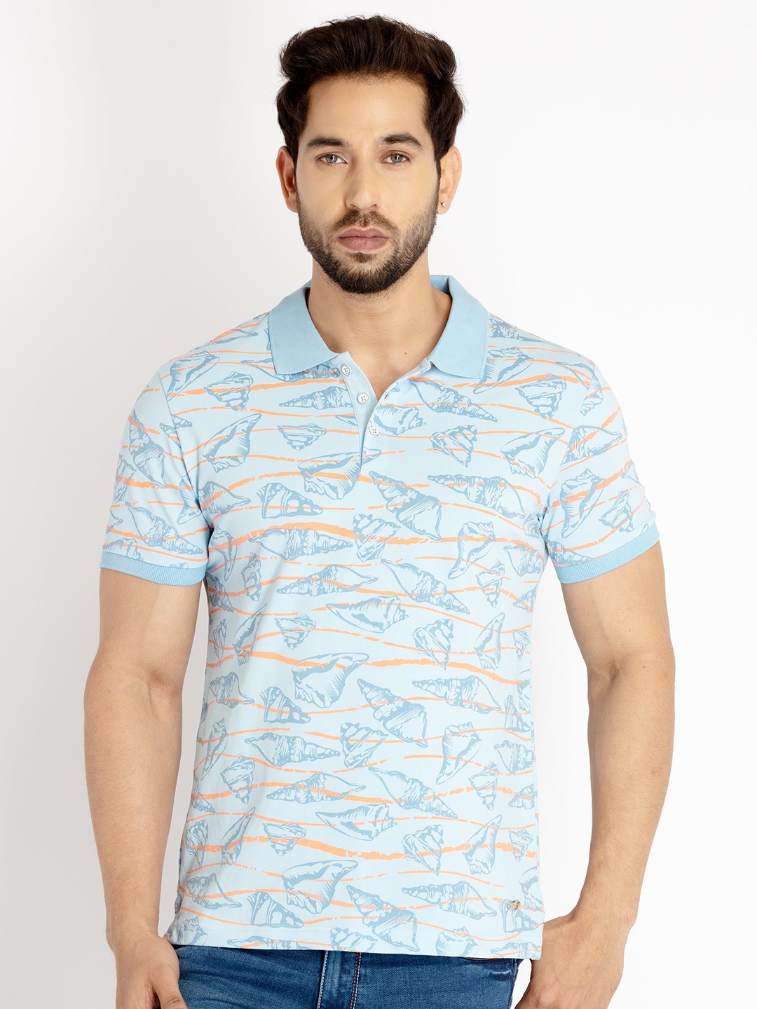 

Status Quo Men Printed Polo Collar CottonT-shirt, Blue