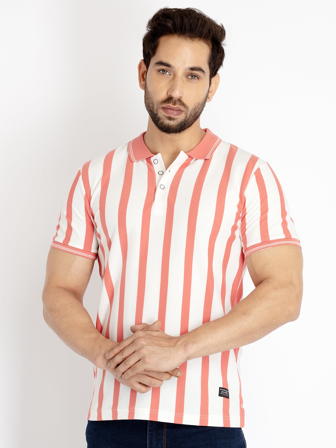 

Status Quo Men Round Neck Striped Polo Collar Cotton T-shirt, Coral