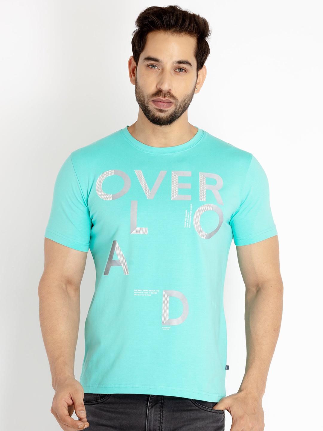 

Status Quo Men Round Neck Typography Printed Cotton T-shirt, Turquoise blue