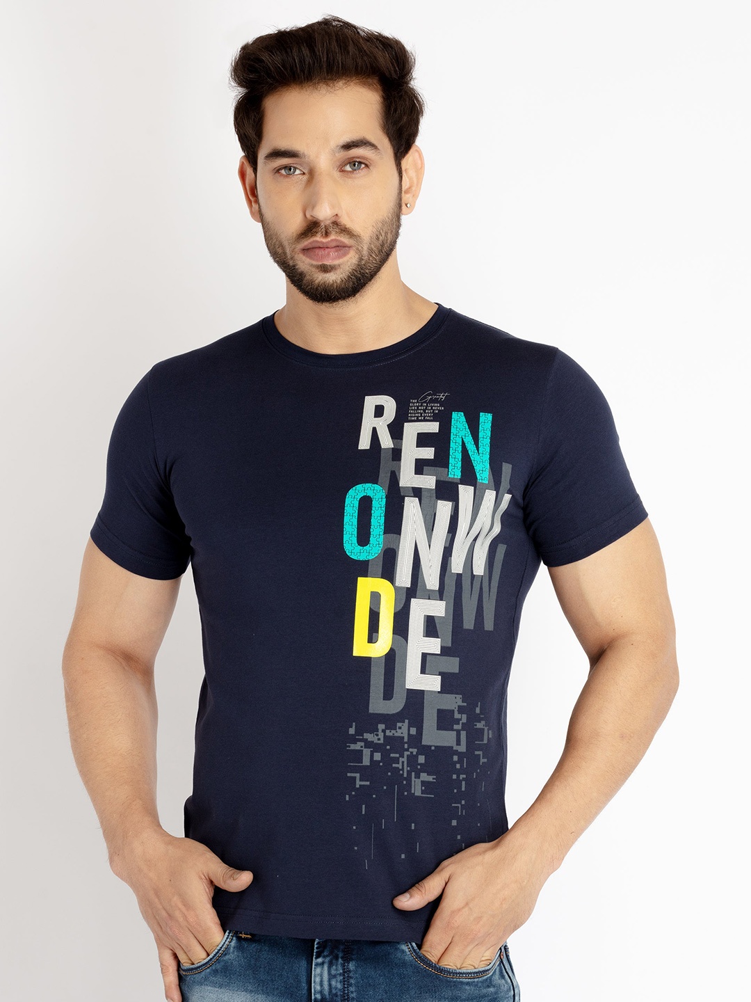 

Status Quo Men Typography Printed Cotton T-shirt, Navy blue