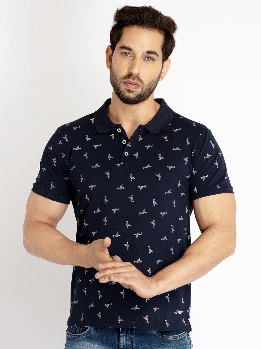 

Status Quo Men Printed Polo Collar Cotton T-shirt, Navy blue