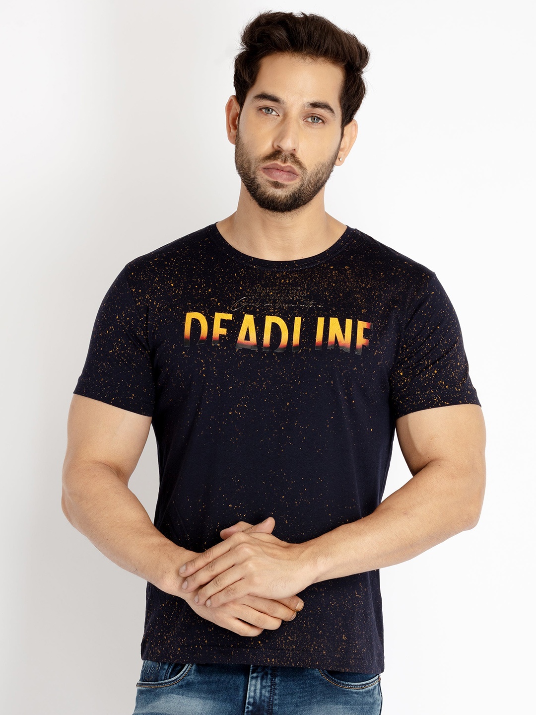 

Status Quo Men Typography Printed Cotton T-shirt, Navy blue