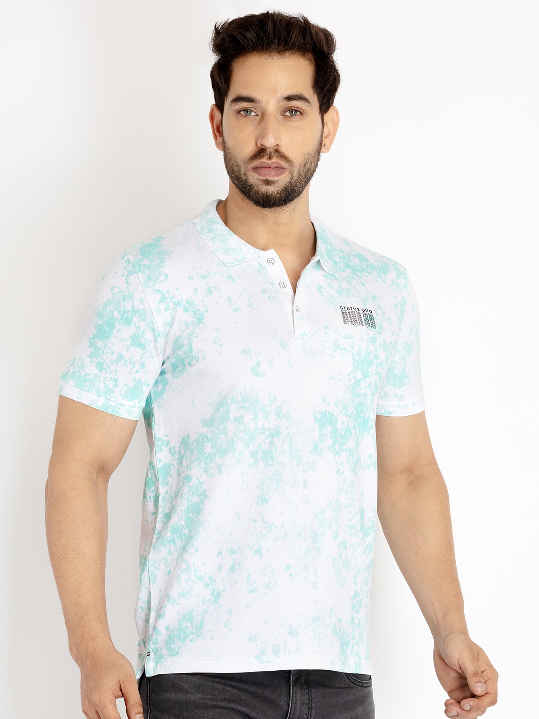 

Status Quo Men Tie and Dye Dyed Polo Collar Cotton T-shirt, Blue