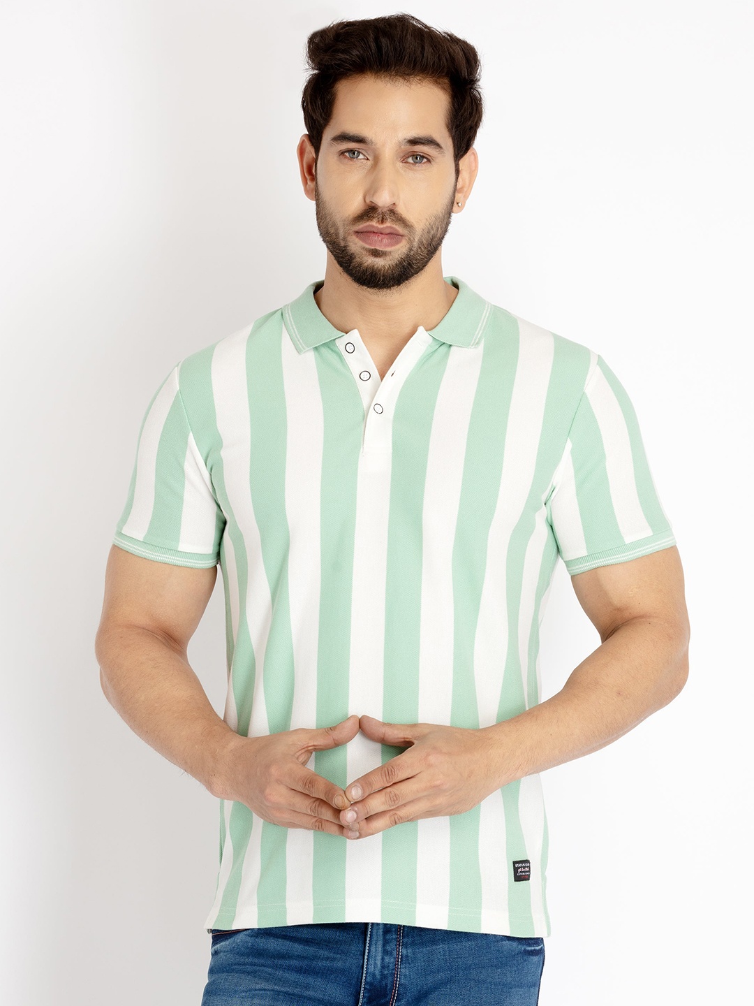 

Status Quo Men Striped Polo Collar Cotton T-shirt, Green